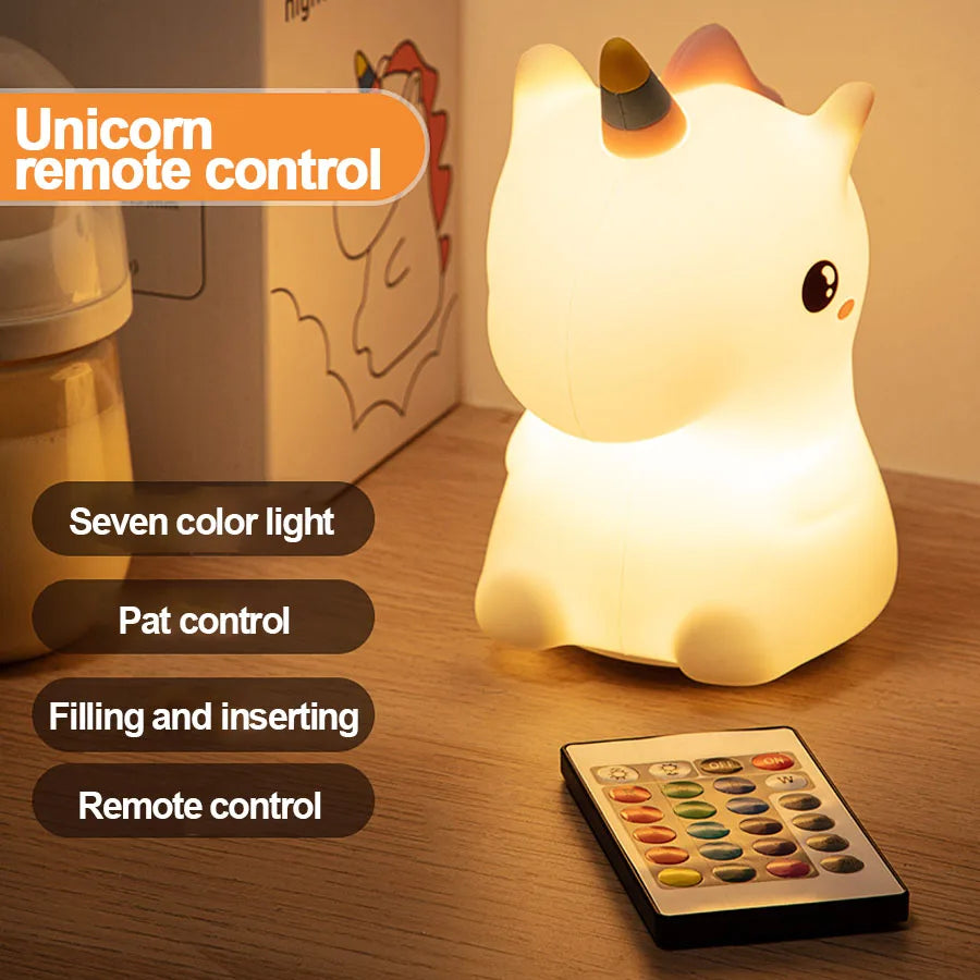 Unicorn Cute Silicone LED Night Light for Kids Children USB Rechargeable Cartoon Animal Bedroom Decor Touch Night Lamp for Gifts